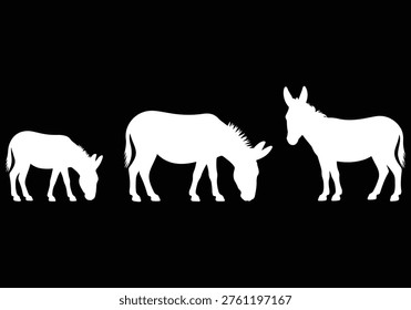 Minimalist vector art showcases three equid silhouettes in profile against a stark black backdrop. Essential for illustrating farm life or herd dynamics.