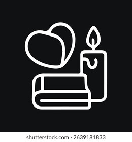 Minimalist vector art showing a candle next to books and a heart, rendered in white on a black background.