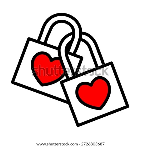 Minimalist vector art showing two locked padlocks with red hearts. This clean design perfectly represents commitment, security, and the romantic connection of a couple in love.