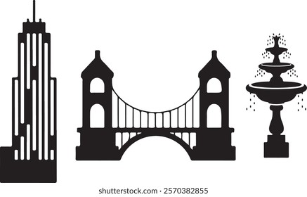 Minimalist vector art of urban landmarks, including a tall skyscraper, an arched bridge, and a decorative fountain.