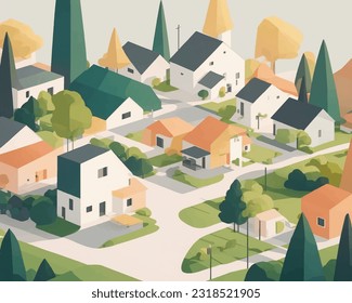 minimalist vector art village using clean lines and geometric shapes, featuring sleek houses, neatly arranged streets, and a serene atmosphere.