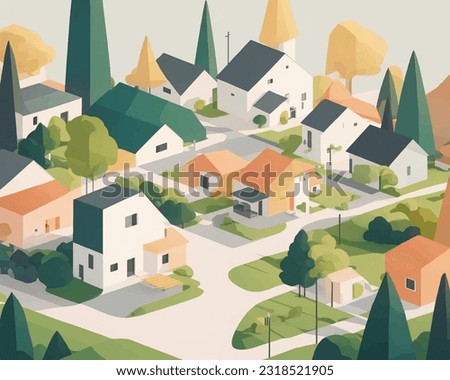minimalist vector art village using clean lines and geometric shapes, featuring sleek houses, neatly arranged streets, and a serene atmosphere.