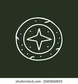 Arte vectorial minimalista de una estrella blanca apuntando direcciones dentro de un marco circular rústico, que representa el viaje y la exploración en un lienzo verde apagado.