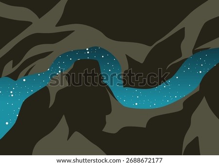 Minimalist vector artwork depicting a canyon landscape with a winding blue river flowing between dark rock formations. Created in Inkscape, suitable for nature, landscape, and adventure design themes.