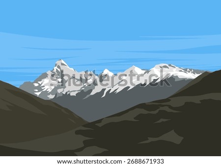 Minimalist vector artwork showing snow-covered mountain peaks beneath a bright blue sky. Created in Inkscape, ideal for nature, travel, winter, and outdoor adventure design themes.