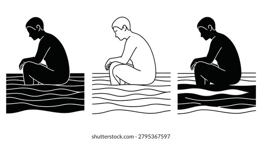 Minimalist vector artwork shows a person in seated repose on rippling water. This clean design is ideal for mental health or spa themes.