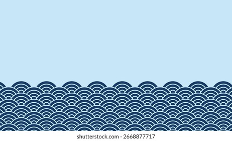 Un fondo de Vector minimalista con las tradicionales olas del océano japonés en la parte inferior, con un amplio espacio de copia en un campo azul tranquilo. Este gráfico es ideal para invitaciones, carteles y redes sociales