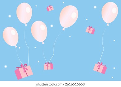 Minimalist vector background with flying balloons and gift boxes on a blue sky. Empty space makes it ideal for greeting cards, banners or social media templates.
