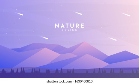 Minimalist vector background. Natural design. Trees silhouette near polygonal mountains. Violet color of sunset. Clear sky with asteroids. Website or game template. Panoramic wallpapers. Backdrop