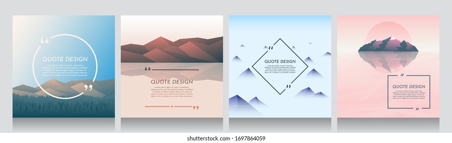 Minimalist vector backgrounds set of 4 landscapes. Social media, blog post templates. Forest and Himalayan mountains, rocks with reflection in water, peaks of mountains in fog, alone island