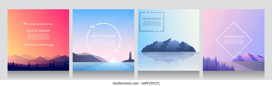 Minimalist vector backgrounds set of 4 landscapes. Social media, blog post templates. Flat concept illustration. Evening scene, lighthouse near water, rock island on ocean, hills and forest. 