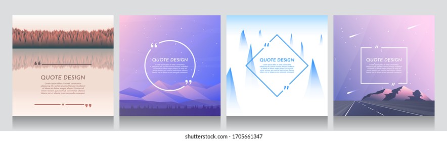 Minimalist vector backgrounds set of 4 landscapes. Social media, blog post templates. Forest with reflection in water, evening scene with forest and hills, peaks of mountains in fog, perspective road