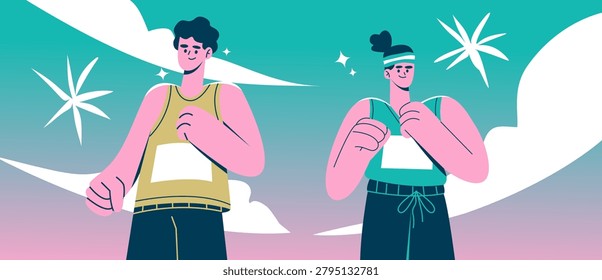 Minimalist vector banner featuring a man and a woman in sportswear running or jogging together with abstract clouds, stars, and a gradient pastel sky background. Perfect for poster, banner, run marathon event, web, app