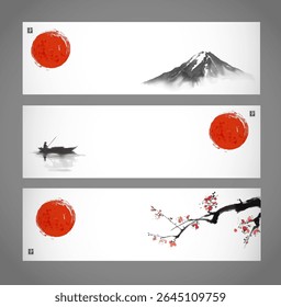 Minimalist vector banners featuring red sun over a mountain, a boat on water, and a blossoming branch in sumi-e style. Traditional Japanese ink wash painting sumi-e.  Hieroglyph -  happiness.