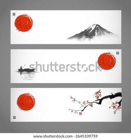 Minimalist vector banners featuring red sun over a mountain, a boat on water, and a blossoming branch in sumi-e style. Traditional Japanese ink wash painting sumi-e.  Hieroglyph -  happiness.