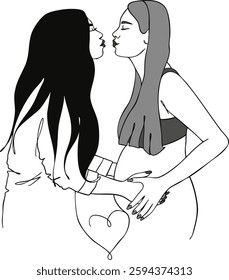 Minimalist vector black-and-white line art of two women sharing a tender moment. One is pregnant, and they gently hold hands with a heart symbol below. LGBT family