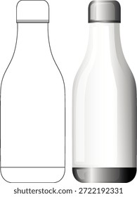 Vector minimalista de la botella plástica en blanco, lado-a-lado contorno y sombreado, aislado en el fondo blanco