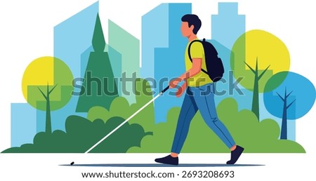 Minimalist vector of blind person walking and using white cane, background city	