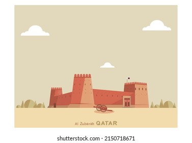 Minimalist Vector cartoon landmark of Qatar famous landscape.Al Zubarah fort.Earth tone,Beige,terra cotta and green color with noise and grainy texture.Vector for Qatar map or travel.  