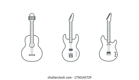 Minimalist vector of classical guitar, bass guitar, and electric guitar with line style.