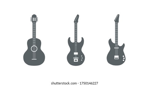Minimalist vector of classical guitar, bass guitar, and electric guitar with glyph style.
