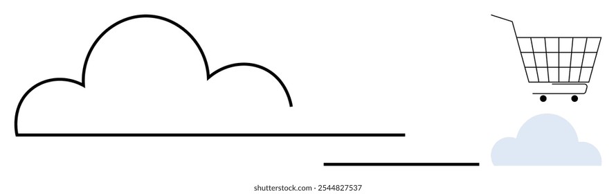 Minimalist vector of cloud and shopping cart representing online shopping. Cloud on left with shopping cart on cloud on right. Ideal for e-commerce, cloud services, technology, digital economy