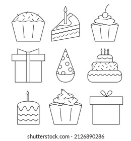Minimalist vector collection with gifts, cakes, cupcakes, hat for birthdays, parties and holidays. Set of illustrations. Flat style.