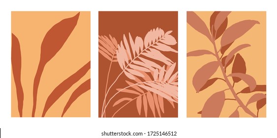 Minimalist vector collection of illustrations with leaves. Palm leaves. Ficus. Foliage, nature. For cards, posters, stationery, as background or template. Drawing in brown and pink shades.