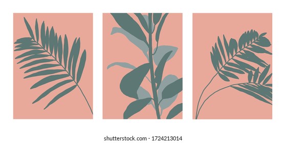 Minimalist vector collection of plant illustrations. Palm leaves and ficus. Green leaves on pink background. For cards, posters, stationery.