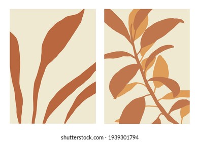 Minimalist vector collection of plant illustrations. Leaves and ficus. Brown and ocher leaves. Nature. For cards, posters, stationery. Natural colors.
