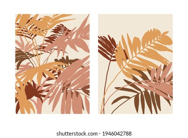 Minimalist vector collection of plant illustrations. Palm leaves. Pink, yellow, brown leaves. Nature. For cards, posters, stationery. Natural colors.
