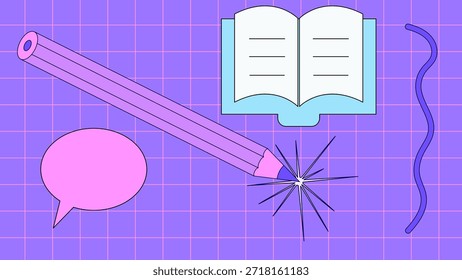 Composição vetorial minimalista em um fundo de grade roxo com um grande lápis roxo com uma ponta brilhante, um livro azul claro aberto, uma bolha de fala rosa e rabiscos abstratos. Conceito para temas de criatividade, inspiração, aprendizagem, escrita e geração de ideias em um estilo moderno plano limpo.