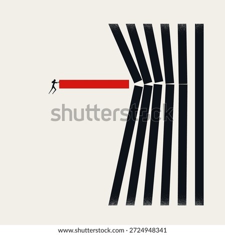 Minimalist vector concept illustration of a business woman pushing a red block to break through vertical lines, representing disruption, overcoming obstacles, and innovative leadership.