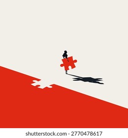 Minimalist vector concept illustration showing self employed entrepreneur businesswoman fitting her own path, holding final puzzle piece symbol for leadership and success. Minimal Design