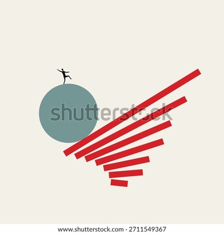 Minimalist vector concept illustration of silhouette of a businessman struggling to balance on a ball amidst a collapsing structure. Symbol of financial instability, risk, and business crisis.