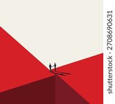Minimalist vector concept illustration of two businessmen shaking hands across a deep red chasm. Represents successful negotiation, bridging the gap, partnership, and closing a business deal.