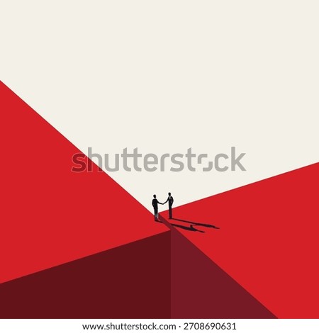 Minimalist vector concept illustration of two businessmen shaking hands across a deep red chasm. Represents successful negotiation, bridging the gap, partnership, and closing a business deal.