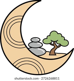 Minimalistischer Vektor eines Halbmondes, der gestapelte Zen-Steine und einen Bonsai-Baum hält. Ideal für Wellness-Branding, Yoga-Studios, ruhige Lifestyle-Designs und Aufkleber.
