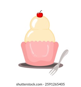 Minimalist Vector cupcake with vanilla ice cream and cherry. Soft pastel tones, clean and modern. Ideal for bakery branding, menus, and food designs. isolated on white background