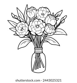 Representación vectorial minimalista de un elegante contorno de ramo de flores, ideal para gráficos de eventos.