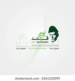 A minimalist vector design celebrating "Youm-e-Quaid" (Quaid Day), honoring Quaid-e-Azam Muhammad Ali Jinnah's birthday on 25th December. The design features Urdu calligraphy, Jinnah's portrait, and a