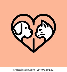 Minimalist vector design of a dog and a cat inside a heart, symbolizing love and the connection between pets.