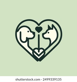 Minimalist vector design of a dog and a cat inside a heart, symbolizing love and the connection between pets.