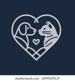 Minimalist vector design of a dog and a cat inside a heart, symbolizing love and the connection between pets.