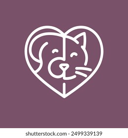 Minimalist vector design of a dog and a cat inside a heart, symbolizing love and the connection between pets.