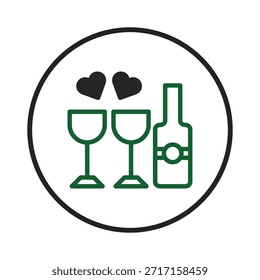 Un diseño de Vector minimalista presenta una botella de vino y dos copas adornadas con corazones, colocadas sobre un marco circular. Evocando sentimientos de amor, celebraciones y momentos compartidos, es perfectamente