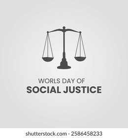 Minimalist vector design featuring a balance scale, symbolizing justice and equality, with the text “Worlds Day of Social Justice.” The monochrome color scheme gives a professional and universal appea