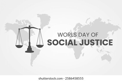 Minimalist vector design featuring a balance scale, symbolizing justice and equality, with the text “Worlds Day of Social Justice.” The monochrome color scheme gives a professional and universal appea