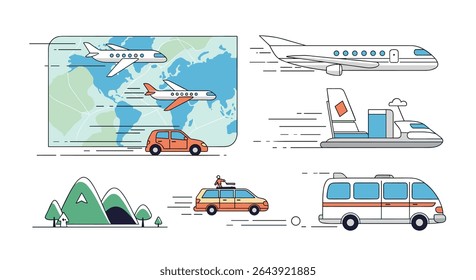 Minimalist Vector Design Illustrating Various Modes of Transportation and World Map Elements