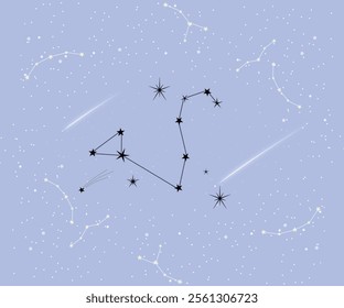 Minimalist vector design of a light blue sky featuring Leo zodiac constellations, shooting stars, and sparkling celestial accents. Perfect for astrology and space-themed projects.